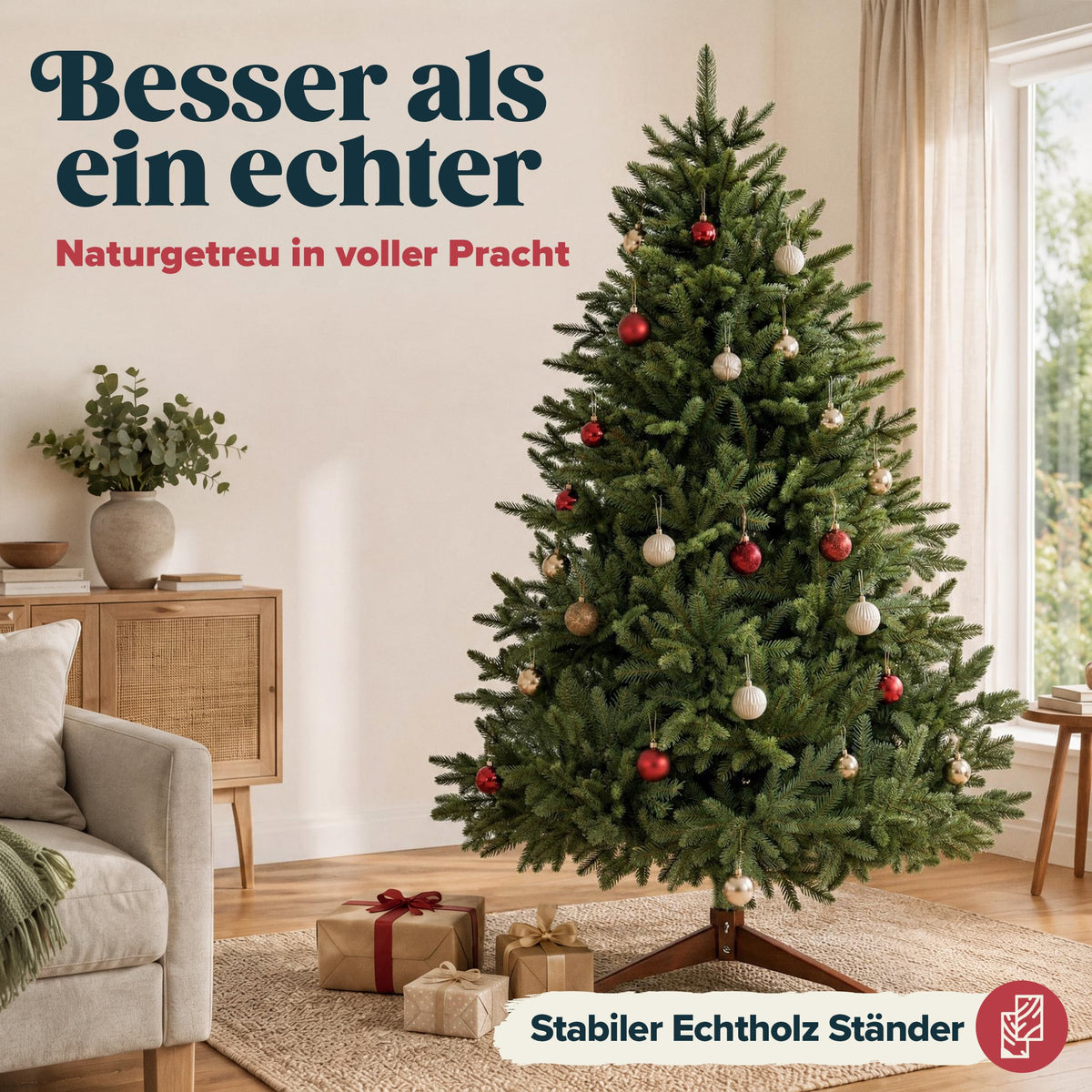 Geschmückter künstlicher Weihnachtsbaum von Pure Living im Wohnzimmer